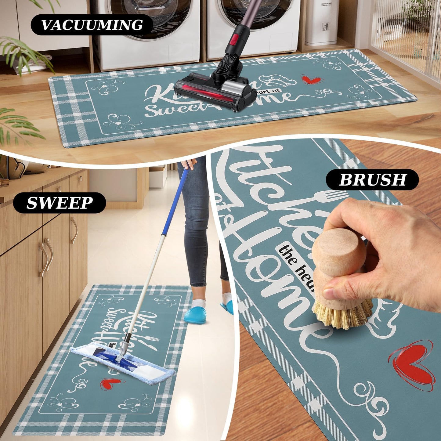 XLHOMO Kitchen Mats for Floor with Grid Design, Farmhouse 3 Piece Washable Absorbent Runner Rugs Non Slip Cushioned Kitchen Mat Comfort Rug Set for Kitchen, Floor, Office