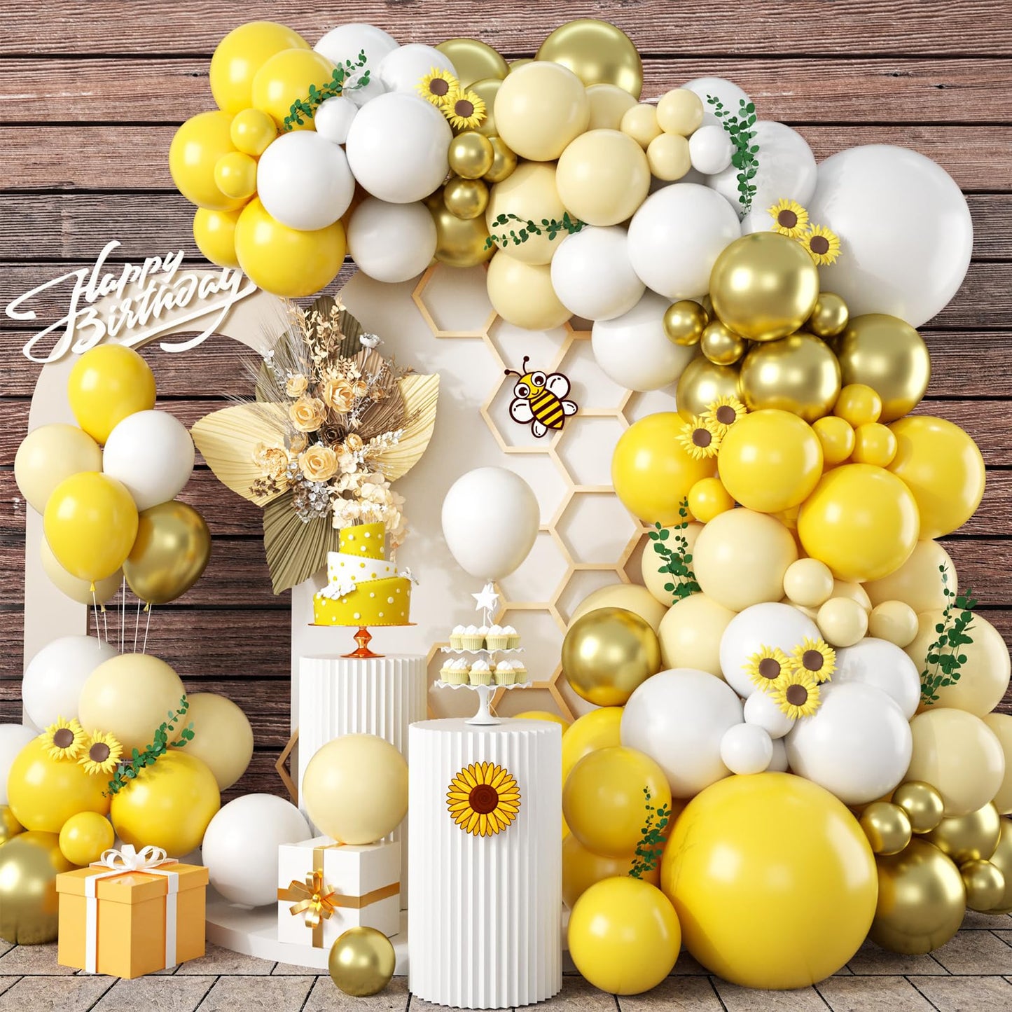 Biapian Yellow Balloon Garland Arch, 115 PCS Yellow White Balloon Arch Kit with Gold White Latex Balloon for Lemon Boho Sunshine Daisy Honeybee Theme Birthday Baby Shower Party Decoration