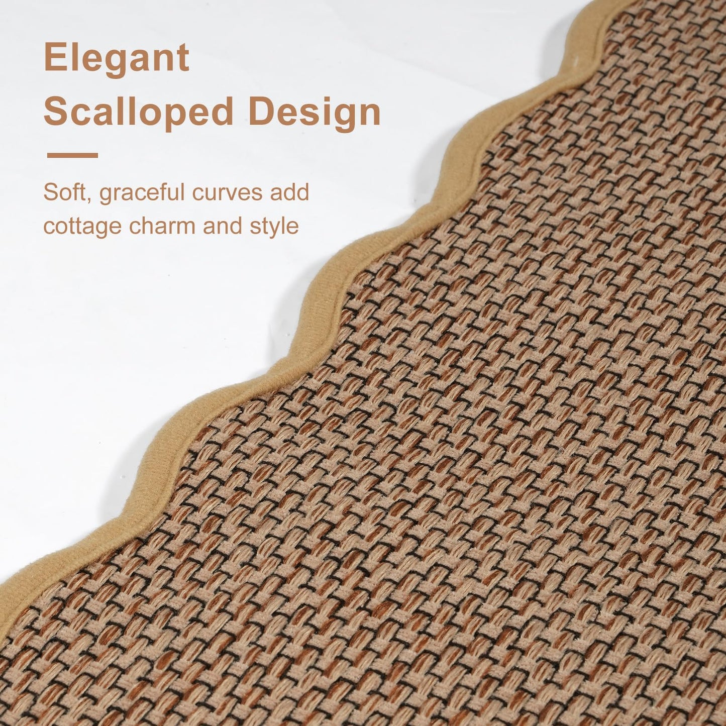 KIMODE Kitchen Rugs and Mats Set of 2,Scalloped Kitchen Mats for Floor,Non Slip Washable Farmhouse Kitchen Runner Rug,Absorbent Braided Kitchen Sink Mats for Kitchen Decor,17"x29"+17"x47",Brown