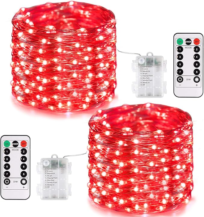 JMEXSUSS 2 Pack Red Fairy Lights Battery Operated, Total 400 LED 132ft Halloween Lights with Remote, 8 Modes Twinkle String Lights for Bedroom Wreath Tree Xmas Valentine Halloween Decorations