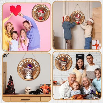 35 Pcs Christmas Interchangeable Highland Cow Welcome Sign Highland Cow Seasonal Wooden Hanging Door Decor Thanksgiving Farmhouse Hanging Sign for Front Door Xmas Party Decoration Gift(Red Brown)
