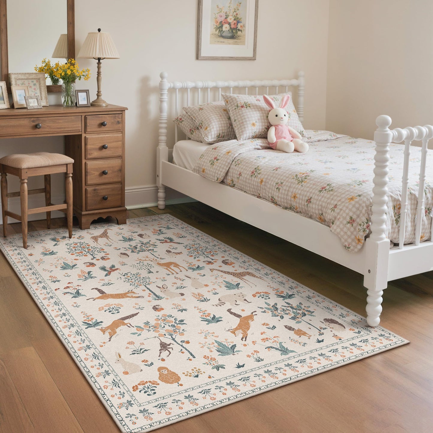 BESBLEE Washable Rugs 3x5, Soft Animal Print Ultra-Thin Low Pile Carpet, Non-Slip Stain Resistant Floral Pet Friendly Woodland Jungle Rug for Playroom Living Room Bedroom Entryway, Beige