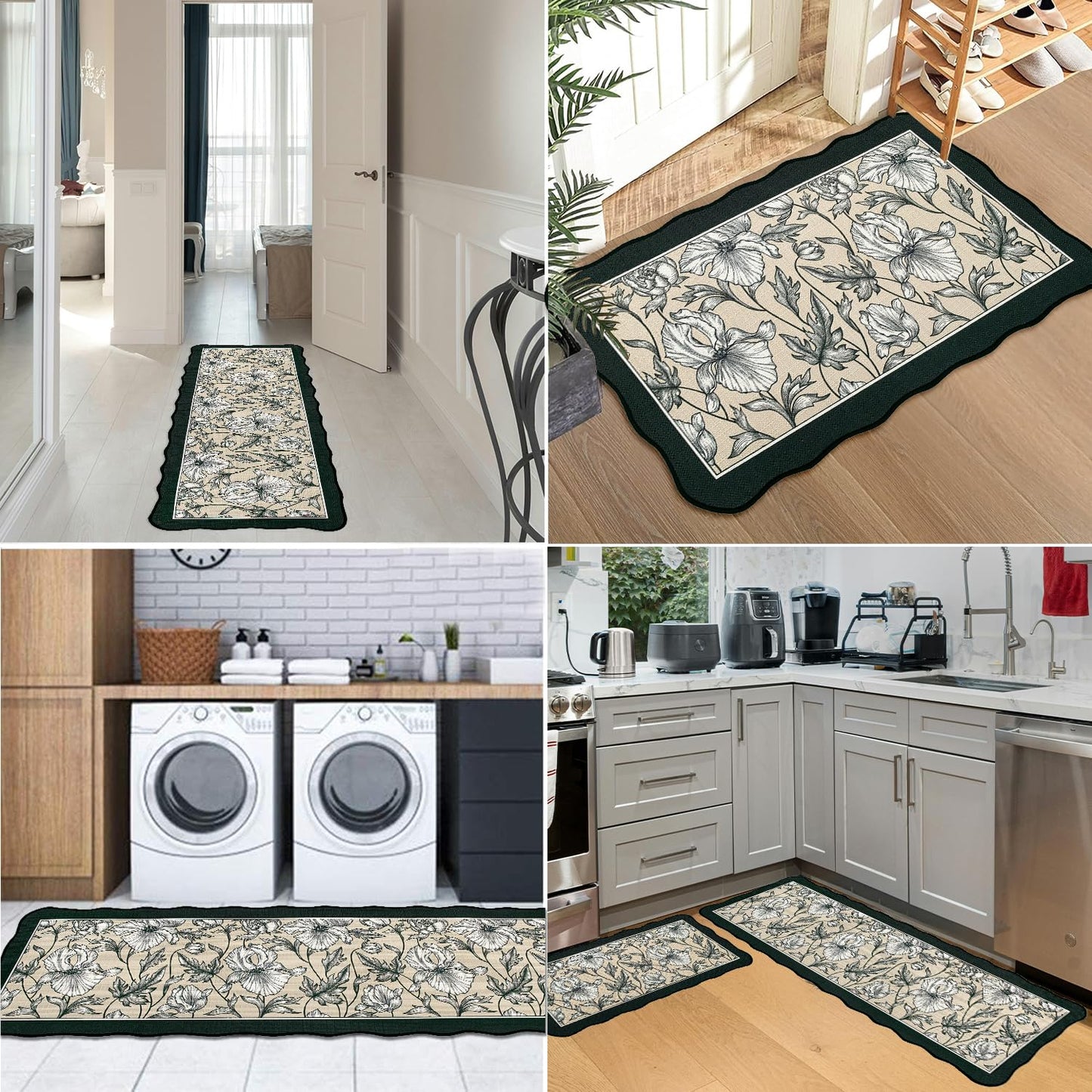Brevoscht Scalloped Black Kitchen Rug Sets of 2, Non Slip Washable Kitchen Mats for Floor, Floral Comfort Standing Mat for Hallway Sink Laundry Office 16.5x29.5 and 16.5x47 Inch