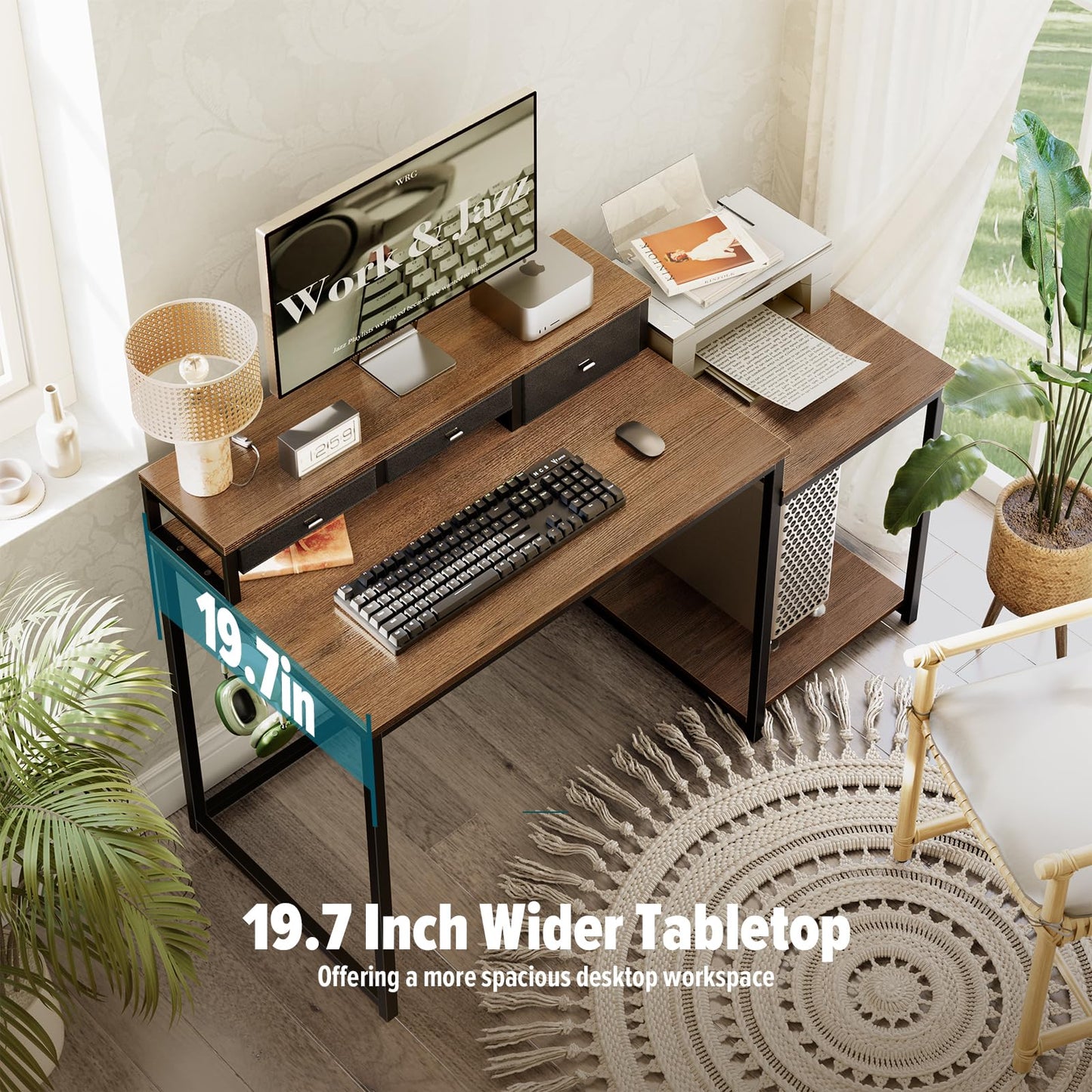 SINPAID 47 inch Computer Desk with Printer Shelf, Gaming Desk with Monitor Stand and Drawers, Reversible Home Office Desk with Storage Shelves and 2 Hooks, Home Workstation for Study Writing, Walnut