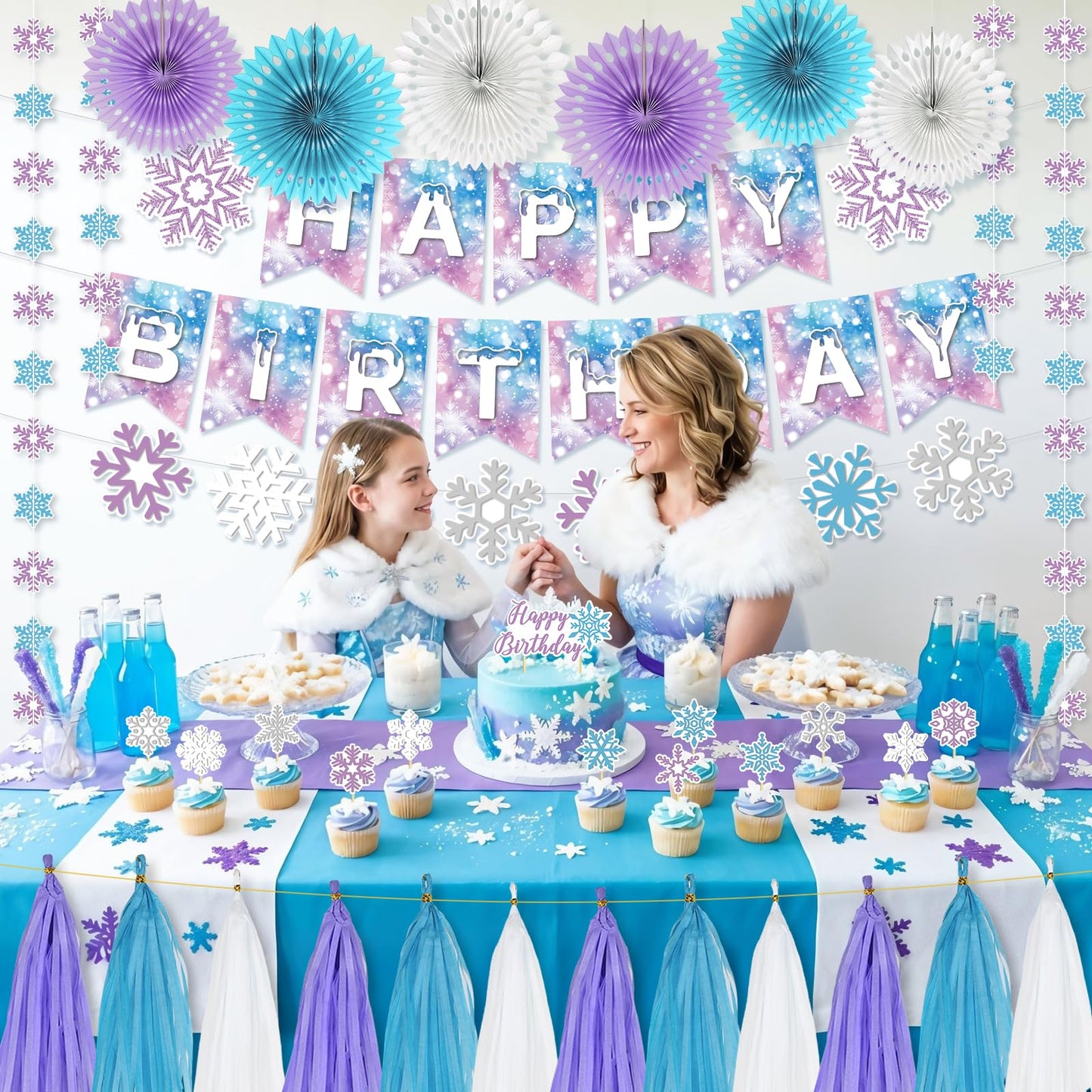 LakPty Frozen Party Decorations, Blue Purple White Snowflake Theme Birthday Decor Kit with Banner, Garlands, Cake Topper, Paper Fans, Tassels Decors for Boys Girls Winter Holiday Party Supplies