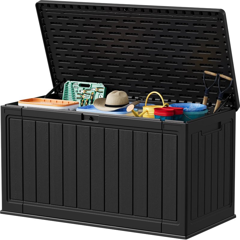 Devoko 160 Gallon Double-Wall Deck Box with Divider, Side Handles, HDPE Outdoor Large Storage Box Waterproof and Lockable for Patio Furniture, Garden, Pool (Black, 160 Gallon)