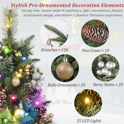 2 Packs 30 Inch Pre-Lit Outdoor Christmas Trees Urn Filler, Small Lighted Xmas Tree Holiday Décor with Multi-Color & WW Waterproof String Lights, Gold & Silver Berry Stems, 10 Pine Cones