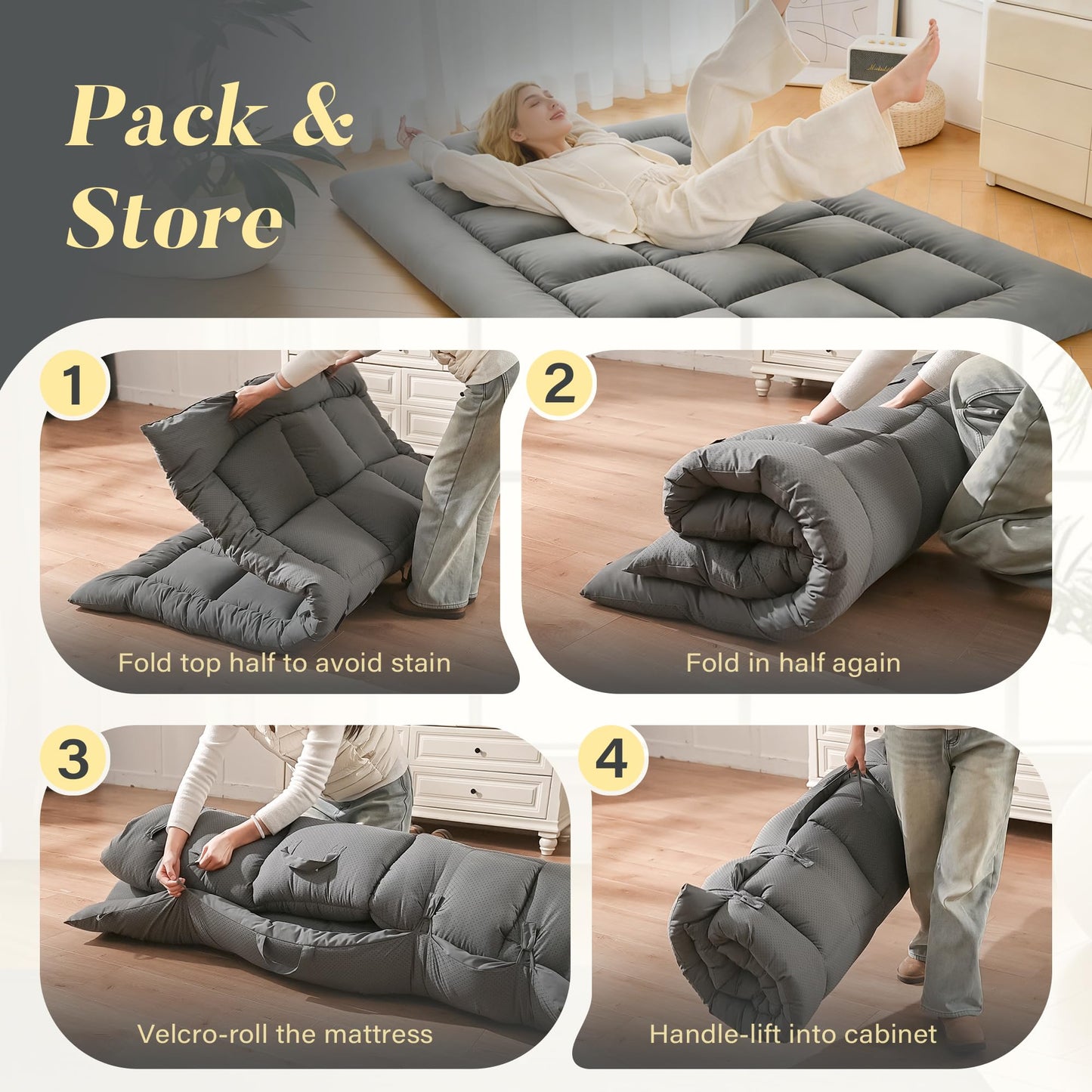 DOWNSTORIA Japanese Floor Mattress, Foldable Futon Mattress Tatami Mat with Handle, Roll Up Camping Sleeping Pad for Adults, Guestroom Floor Bed, Full Size, Grey