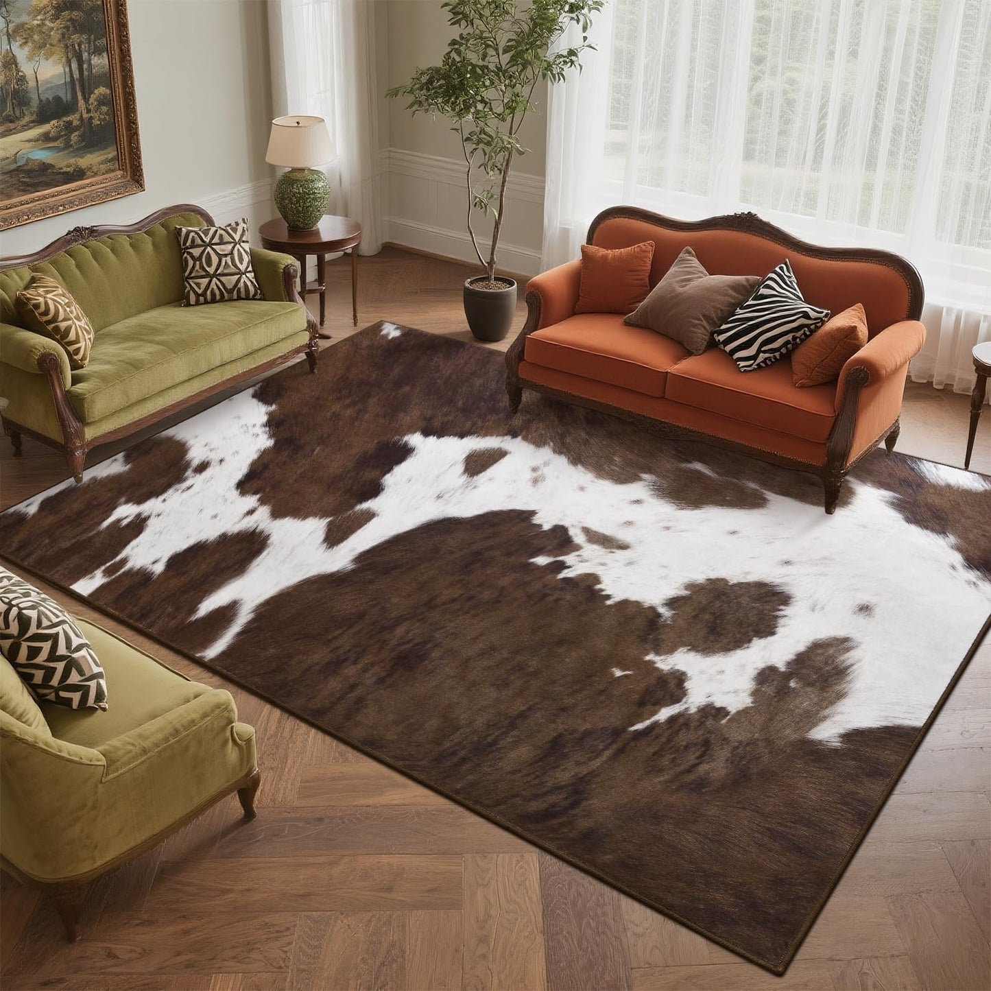 DweIke Cow Print Rug 4x6 – Brown Faux Cowhide Rugs, Washable Soft Non-Slip Stain Resistant Animal Cow Hide Carpet for Living Room Bedroom Dining Room Office, Western Home Decor