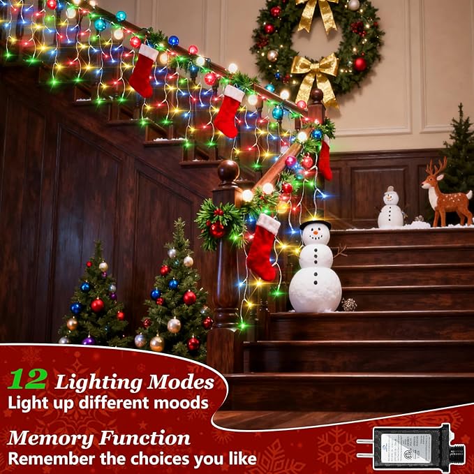 1332 LED 132ft Christmas String Lights Outdoor, 12 Modes Dimmable Curtain Lights with 296 Drops, Waterproof Fairy Lights with Timer for Bedroom Window Holiday Wedding Home Xmas Decor, Multicolor