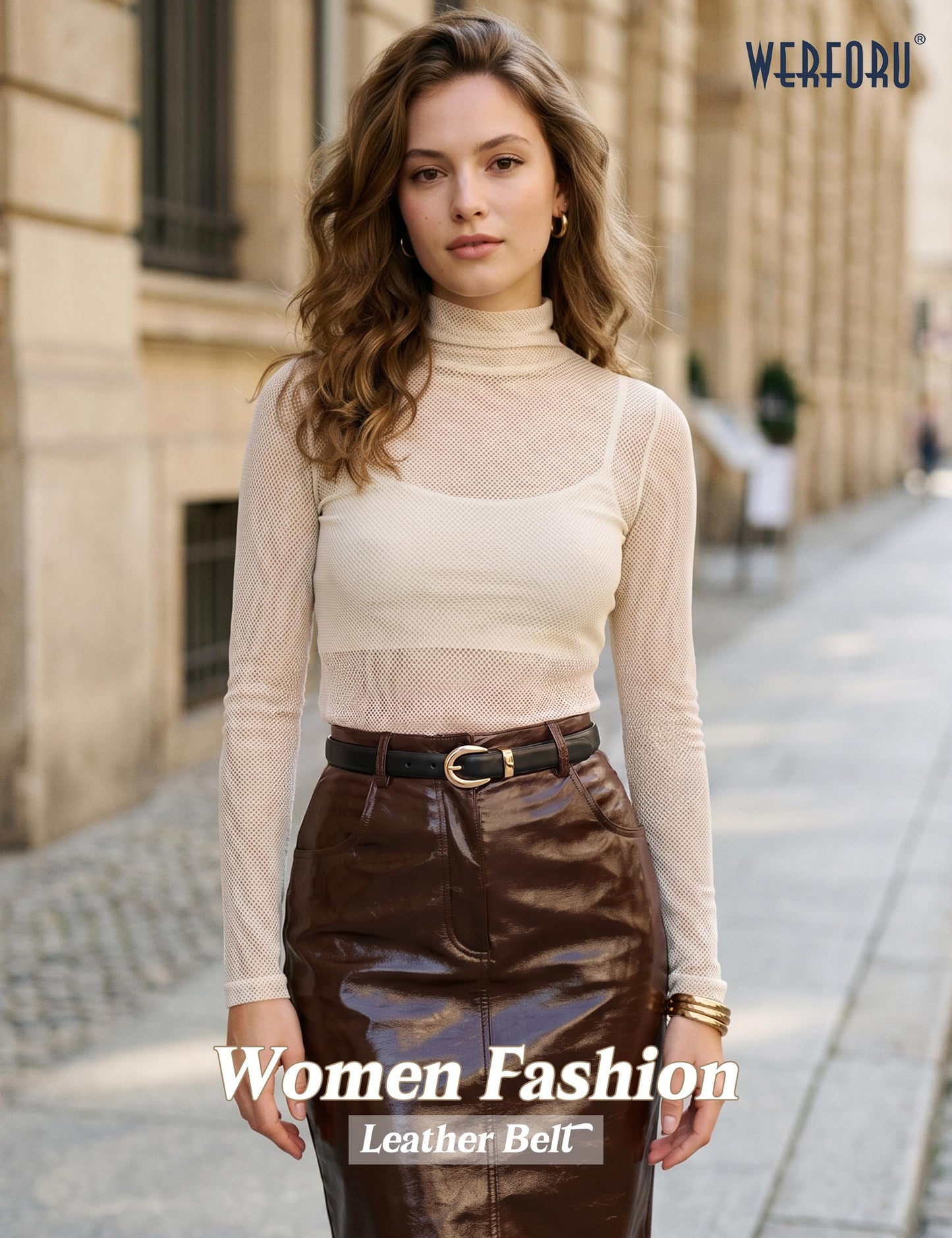 WERFORU Women Skinny Leather Belt for Jeans Pants Fashion Thin Waist Belts for Women Dress Belt with Gold Buckle,Black,Fit Waist Size 31-36 Inches