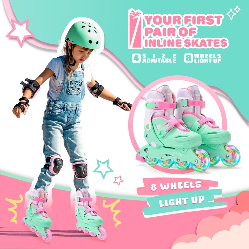 2PM SPORTS Inline Skates for Kids Ages 4-8 8-12 with Light Up Wheels, Adjustable Kids Roller Skates Blades for Youths Toddlers Beginners Indoor Outdoor - Green Large