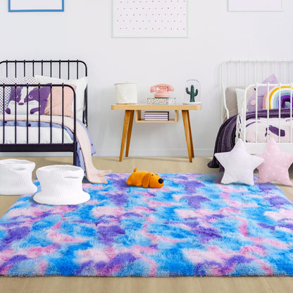 Foxmas Large Area Rugs for Living Room Bedroom 6x9 Feet, Fluffy Kids Room Plush Shaggy Nursery Rug Furry Throw Carpets for Boys Girls, College Dorm Fuzzy Rugs Home Decorate Rug, Rainbow Blue