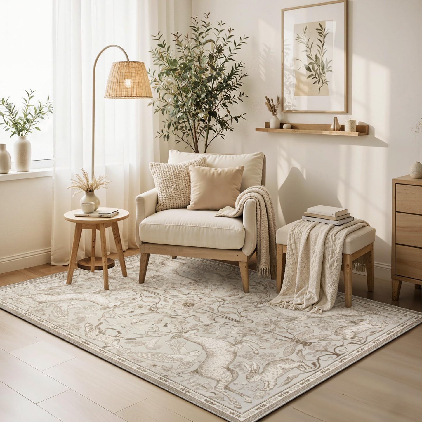 Lahome 5x7 Washable Area Rugs, Dorval Boho Deer Rugs for Living Room, Neutral Botanical Non Slip Low Pile Soft Carpet for Bedroom Dining Room Nursery Office Home Decor Beige