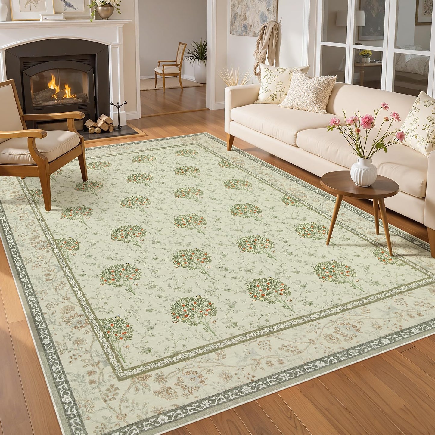 Joydeco Boho Floral Large Rugs for Living Room Nursery, Washable Beige Kids Bedroom Rug 8x10 Under Bed, Botanical Non Slip Throw Carpet for Playroom Kids Dining Room Dorm Classroom, Beige