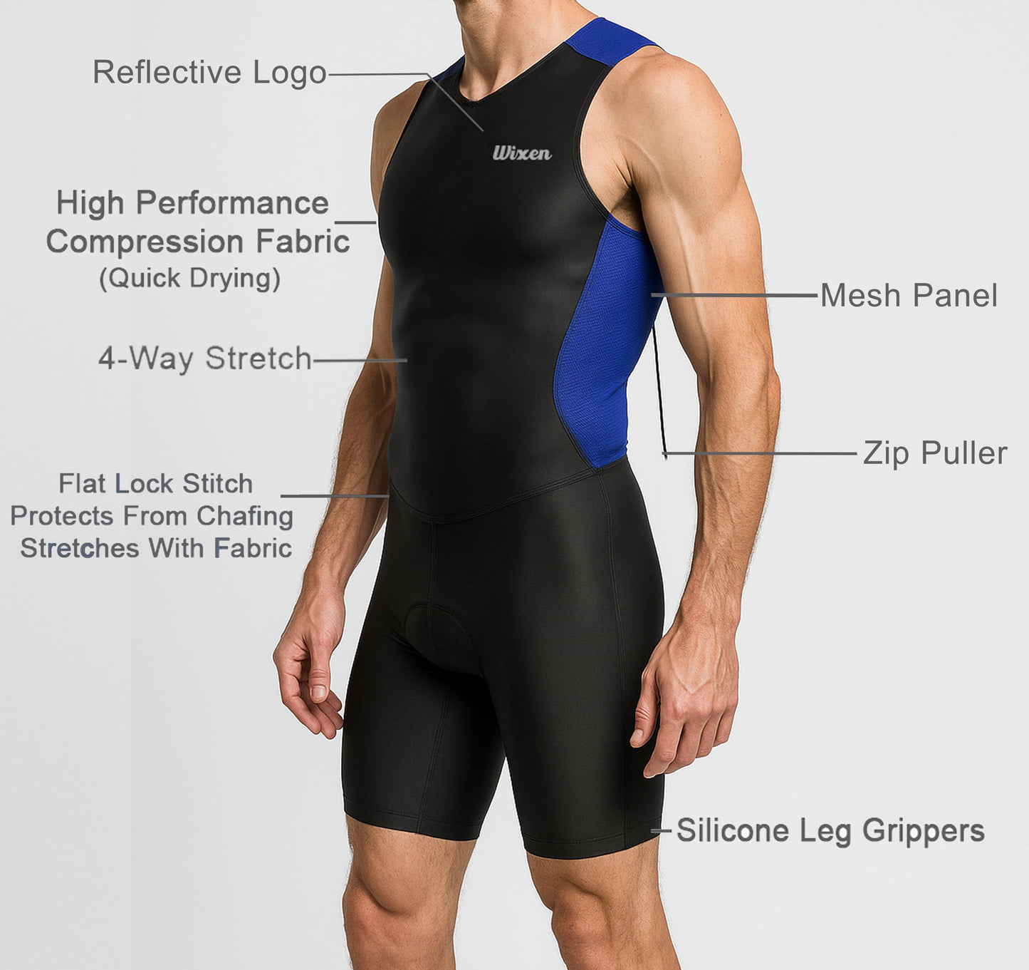 Wixen Men's Performance Triathlon Suit Sleeveless Tri Suit Padded Quick Dry Run Swim (Blue m)