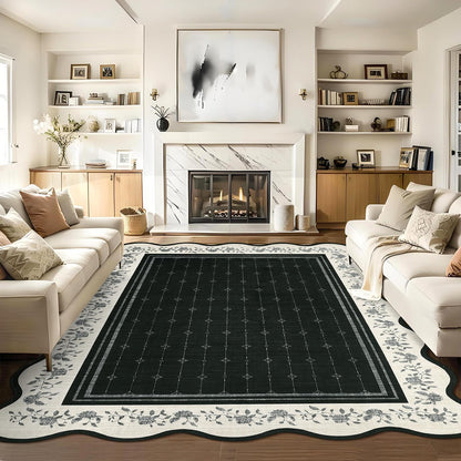 Garvee Washable Rugs for Living Room 8x10 Area Rugs for Bedroom Scalloped Rug Modern Bordered Non Slip Large Kids Bedroom Carpet Indoor Stain Resistant Floor Cover for Dining Room Office Nursery Black