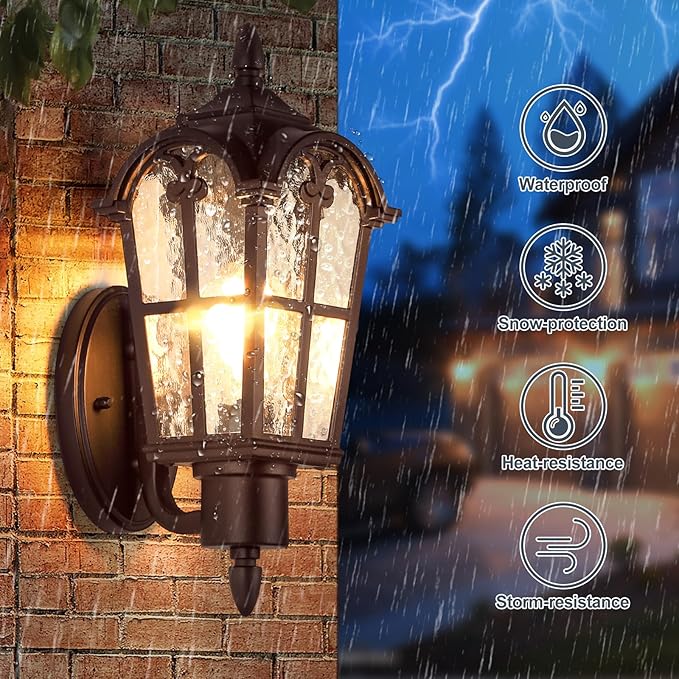 Sucolite Large Size Outdoor Wall Light Fixtures, Brown Exterior Lighting Fixtures Porch Sconces Waterproof, Vintage Outside Wall Sconces with Water Ripple Glass for House Front Door Garage, 1 Pack