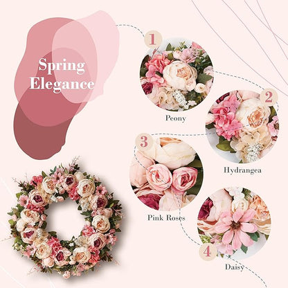 Peony Wreath 23" Floral Artificial Wreath for Front Door Wall Decor Home Décor Festival Celebration Wedding Party New Owners Seasonal Decoration Housewarming Gifts EZsenses (Light Pink)