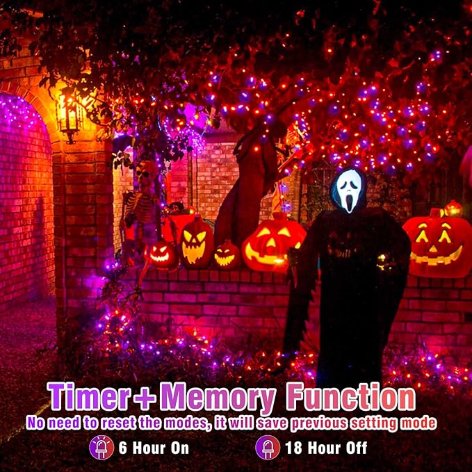 Vivideal 300 LED Christmas Lights Outdoor, 100ft Christmas String Lights Indoor Clear Wire 8 Modes Waterproof Plug in String Light for Tree Party Garden Decorations, Purple&Orange