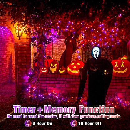 200 LED Christmas Lights Outdoor, 66ft Christmas String Lights Indoor Clear Wire 8 Modes Waterproof Plug in Twinkle Fairy Light for Tree Party Garden Decorations, Purple&Orange