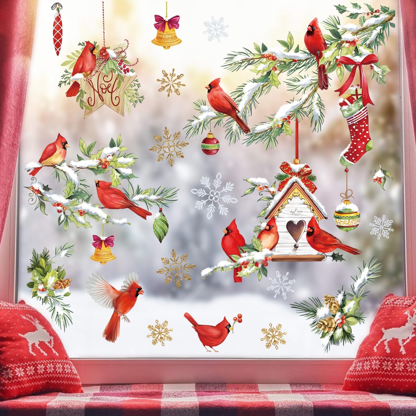 wondever Red Birds Tree Branch Window Clings Cardinal Glass Sticker Decal Anti Collision Double-Side Static Window Decals for Home Glass