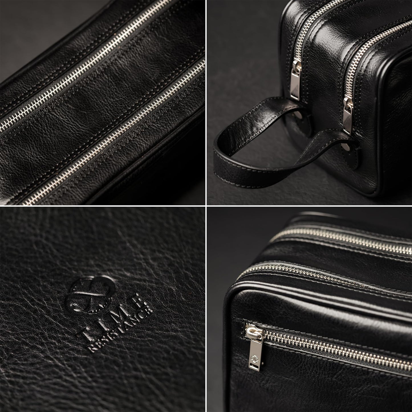 Time Resistance Leather Cosmetic Bag - Italian Toiletry Dopp Kit (Black)