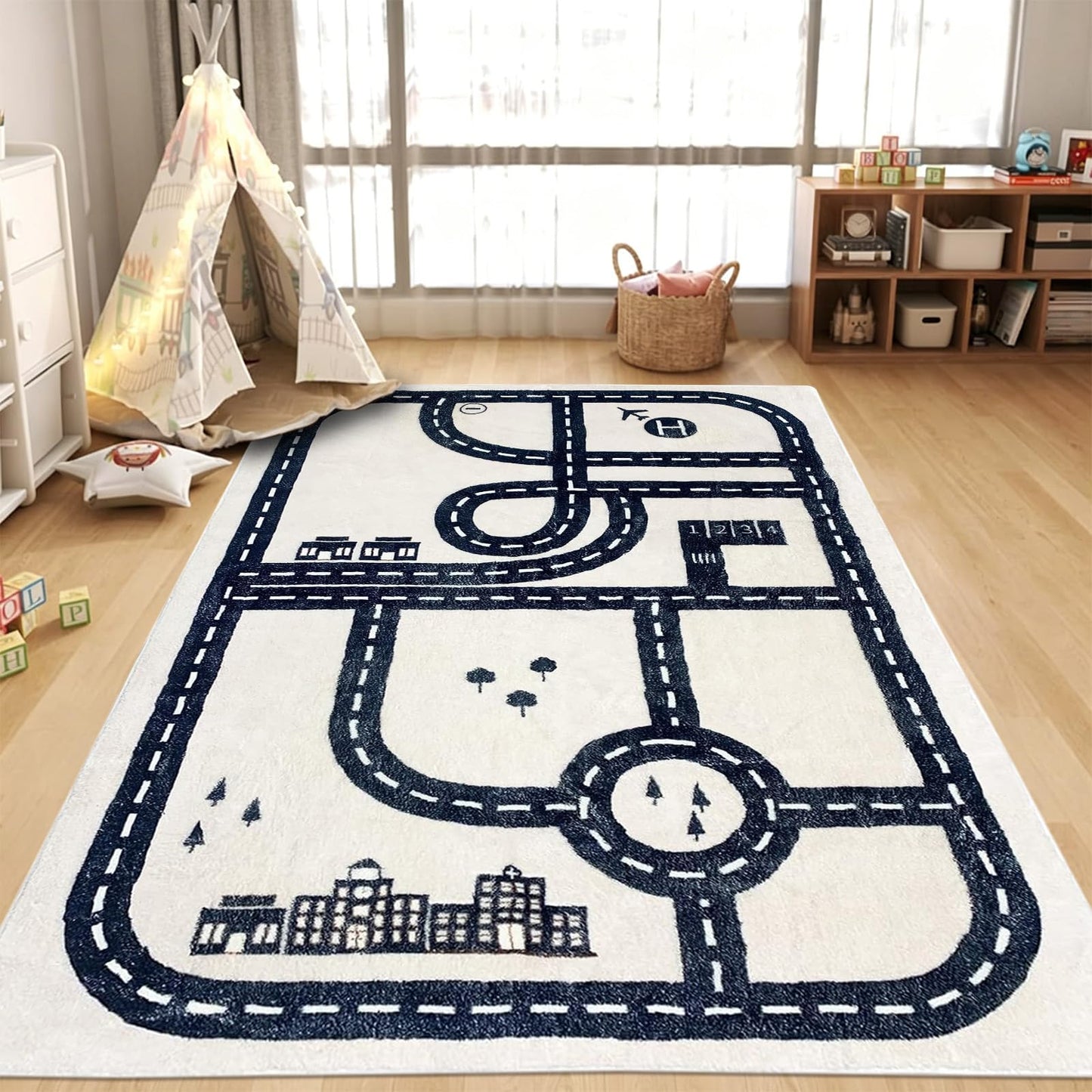 USTIDE Kids Rug City Roads Map Tracks Play Mat for Playing with Cars Soft Non-Slip Traffic Rug for Bedroom Playroom Classroom Nursery Educational Rug, 4x6ft