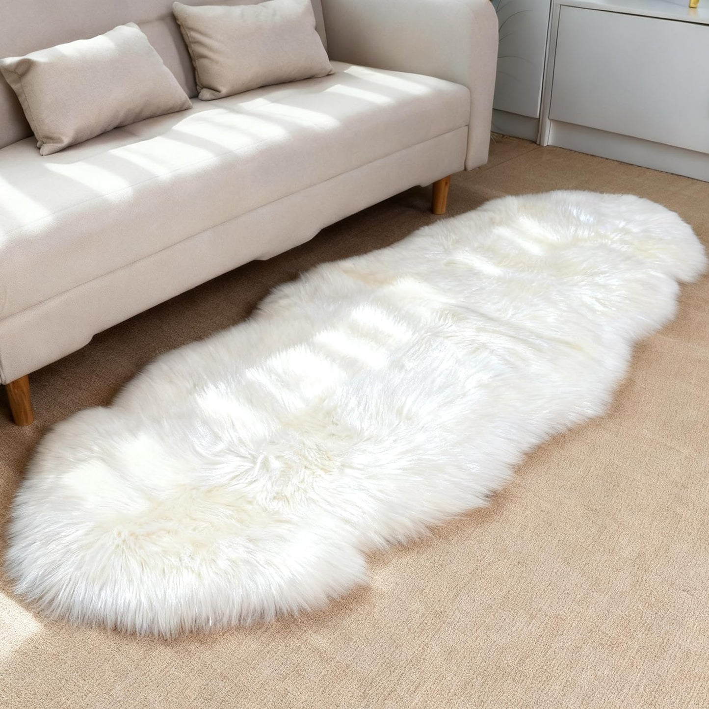 Genuine Sheepskin Rug with Little Patches | Premium Ivory White Fluffy Sheep Skin Carpet for Bedroom Fireplace | Soft Wool Throw for Elder, Pet | Luxurious Fur Rug for Chair, Sofa, Non Dyed 2FT*6FT