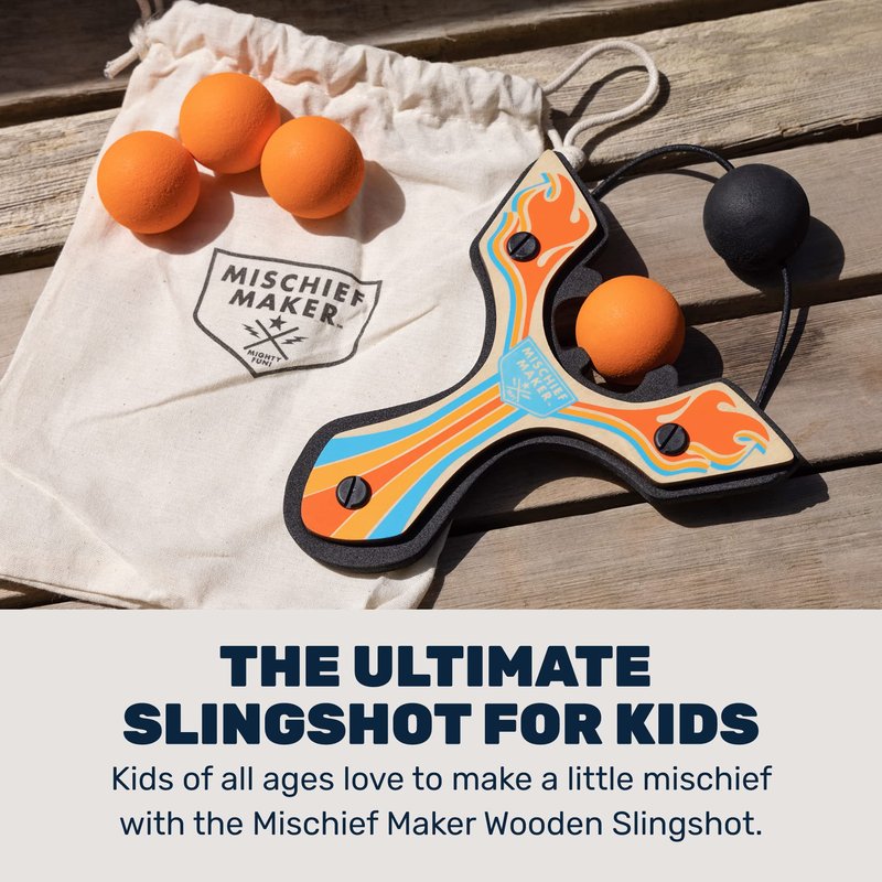 Mighty Fun! - Mischief Maker® Wooden Slingshot - Racing Series - Real Wood Slingshot for Kids, 4 Soft Foam Balls and Storage Bag - Ages 4+ (Orange)