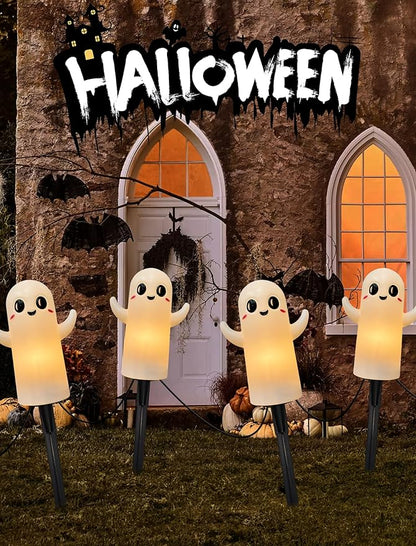 4 Pack Halloween Ghosts Pathway Marker Lights, 7Ft Outdoor Halloween Pathway String Lights with 4 White Ghost Stakes Lights, Extendable Walkway Lights Waterproof for Yard Porch Lawn Sidewalk Garden