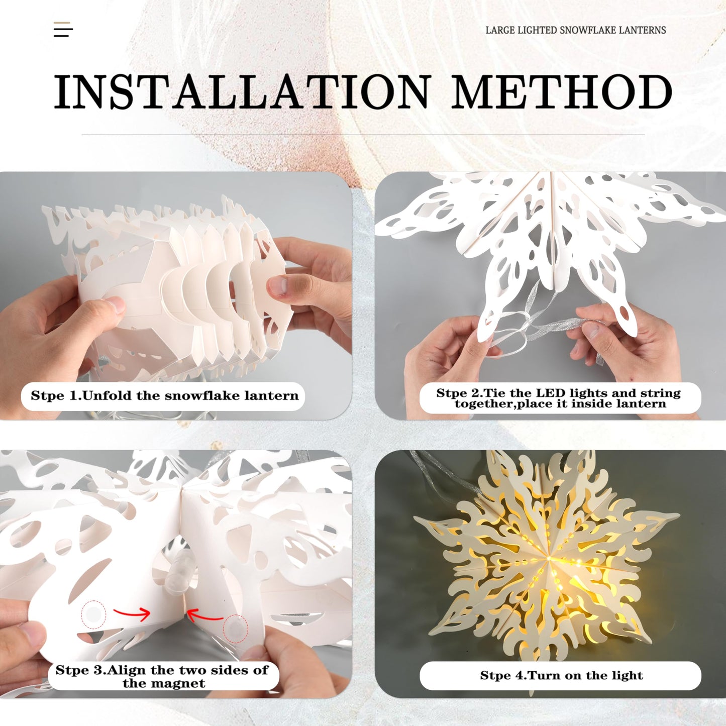 12 Pcs Christmas Paper Snowflake Lanterns, 3D Christmas Paper Star Lanterns with LED Lights, 10/12 Inch White Hanging Snowflake Lamps for Xmas Winter Frozen Weddings New Year Party Decorations