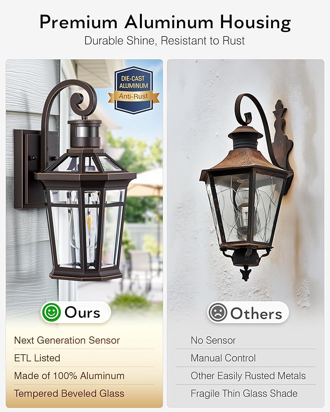 2 Pack Motion Sensor Outdoor Porch Lights Wall Mount, Oil Rubbed Bronze Outside Garage Lights Wall Lantern, Dusk to Dawn Exterior Lighting Fixtures, Anti-Rust Outside Sconce Light for Patio