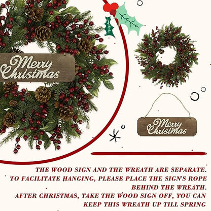 YNYLCHMX 20 Inch Winter Wreath for Front Door, Winter Wreath with Welcome Sign Pine Needle Pine Cone Red Berry, Artificial Door Wreaths for Window Farmhouse Holiday Party Decoration