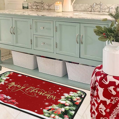 Christmas Kitchen Rugs 2 PCS, Merry Christmas Kitchen Rug, Non Skid Washable Padded Soft Comfort Kitchen Rugs Set (17"x47"+17"x30",Merry Christmas)