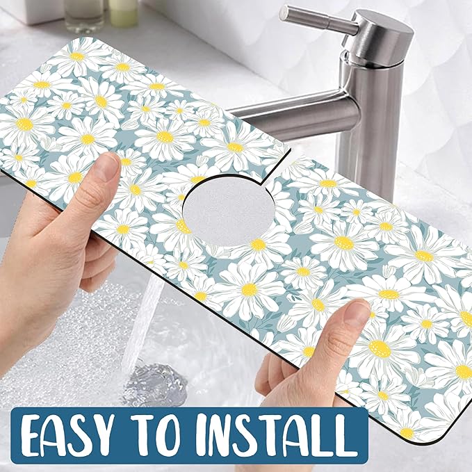 White Flower Sink Splash Guard Cute Chamomile Faucet Absorbing Mat Fast Drying