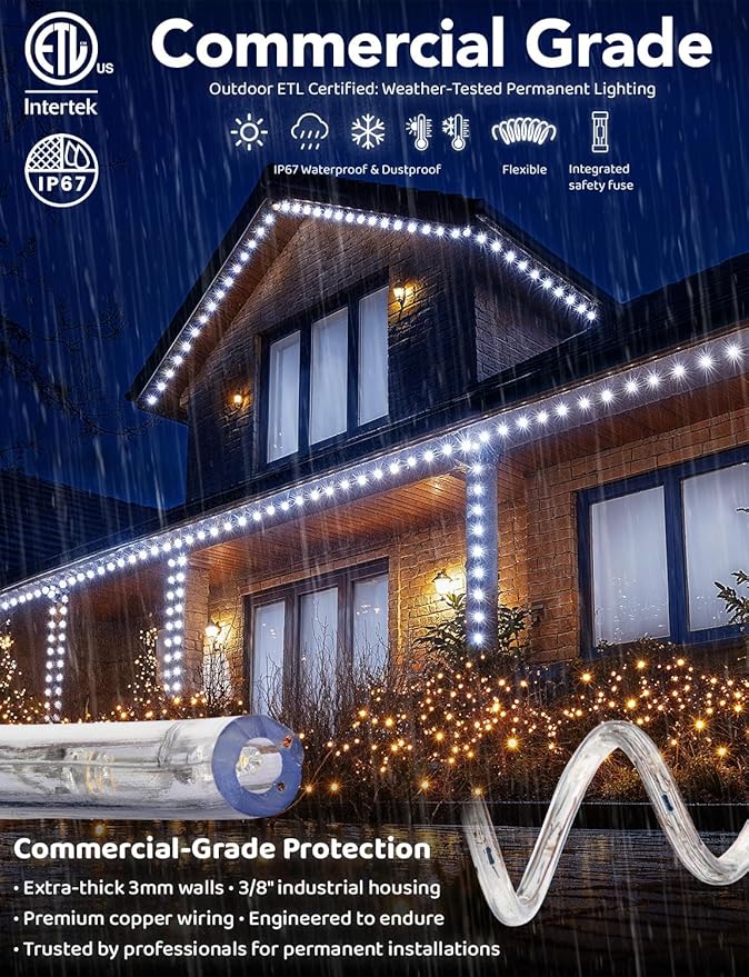WYZworks 3312LEDs 300ft LED Outside Rope Lights, Outdoor ETL Certified Waterproof Permanent 360 Degree Light Emitting, Flexible Tube, Connectable, Christmas Palm Tree Exterior Landscape, Cool White