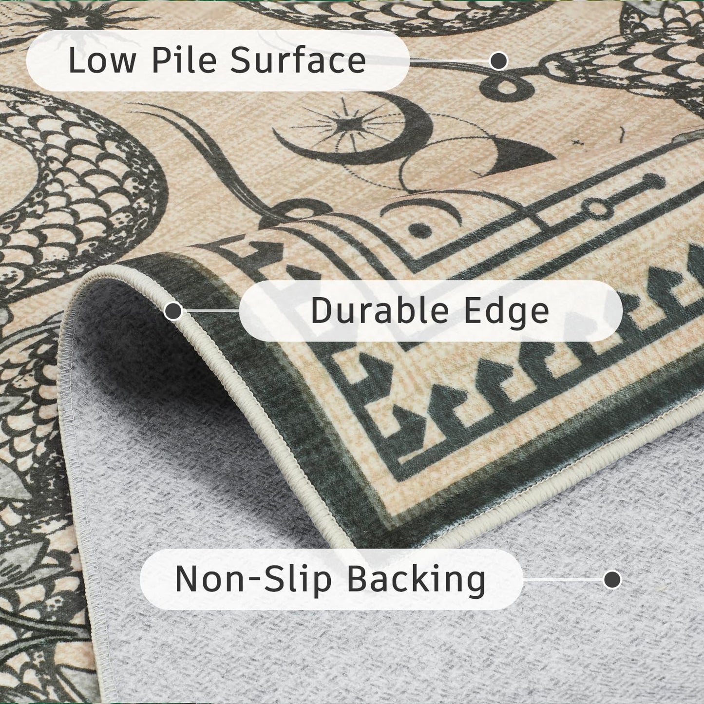 DCX Washable 2x6 Snake Runner Rug, Beige Gothic Rug for Living Room, Soft Low Pile Carpet, Kid & Pet Friendly with Rubber Back Non Slip, Stain Resistant Rug for Bedroom Dining Room Office