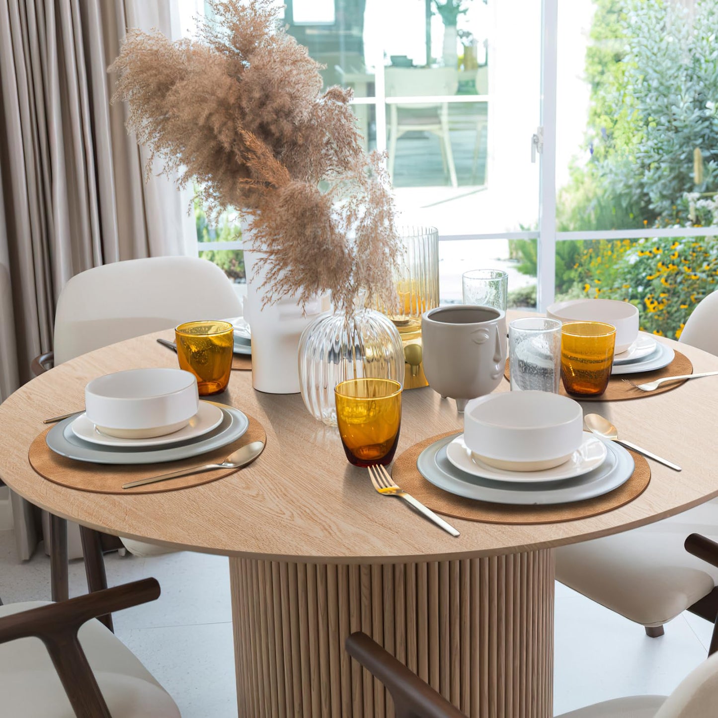 ADRIMER Placemats, Heat Resistant Round Placemats Set of 12 Washable, Waterproof Table Mats, Wipeable Faux Leather Place Mats for Kitchen, Dining Room, Camel