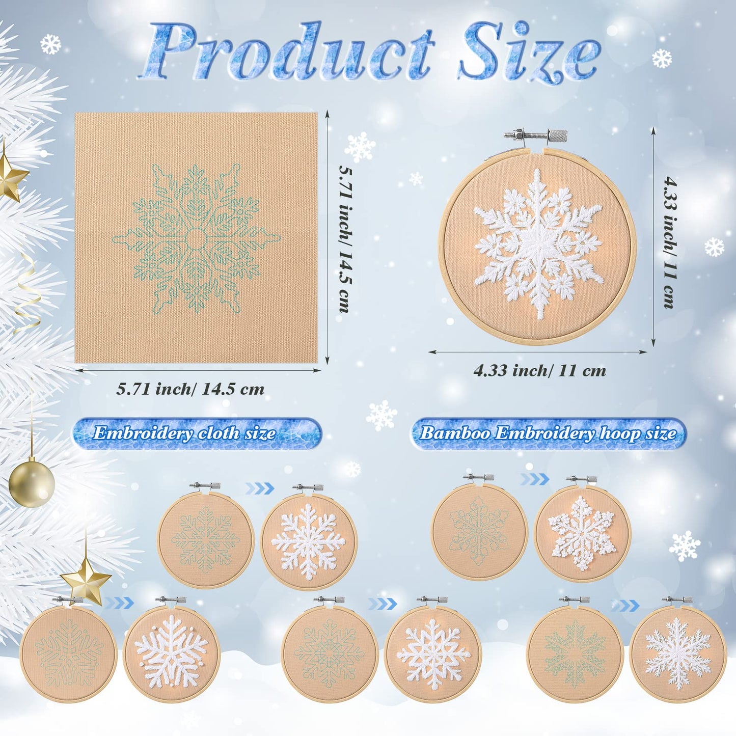 Roowest 6 Sets Christmas Embroidery Kits for Beginners Adults Winter Snowflake Cross Stitch Embroidery Ornament Kit DIY Craft Needlepoint Set with Pattern Instructions Thread Needle Ribbon(Tan)