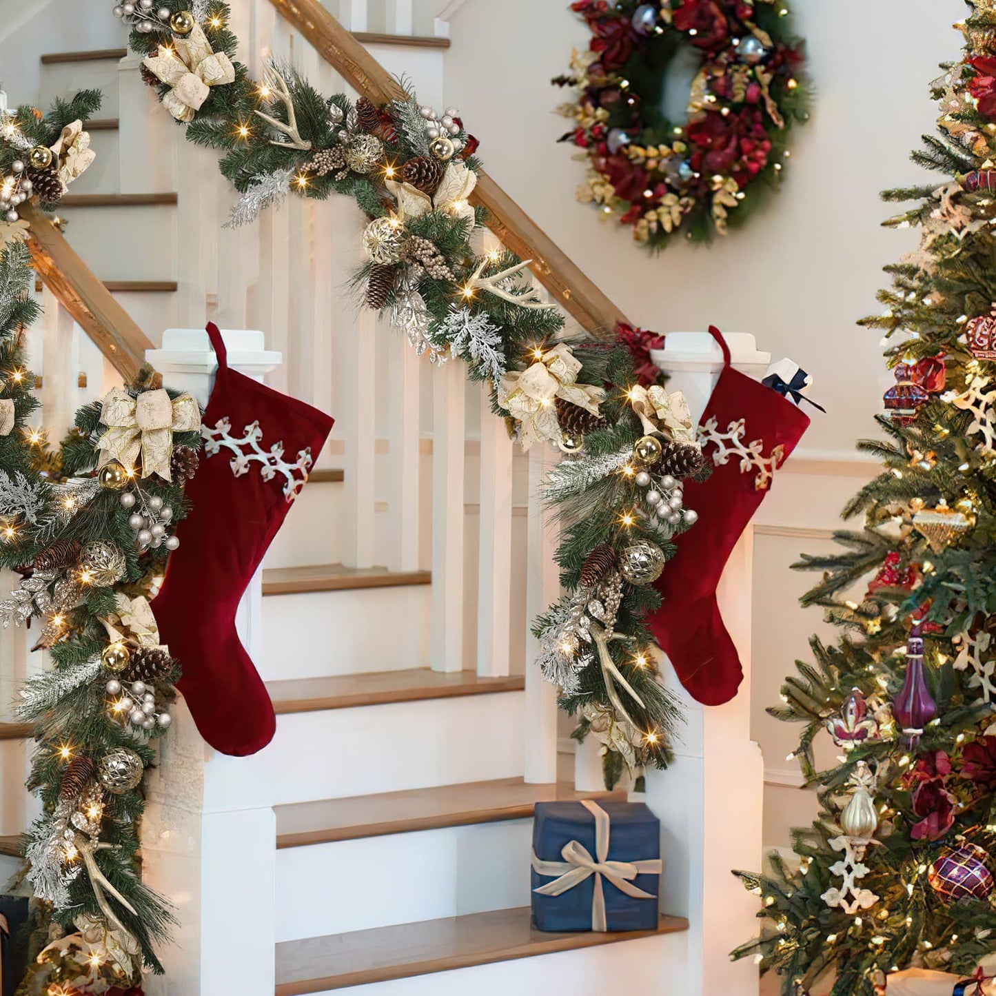 Adeeing Christmas Garland with Lights, Champagne Gold 6FT 20LED Pre-Lit Christmas Garland with Ball Ornaments, Ribbons, Pine Cones and Artificial Antlers for Door Mantle Stairs Christmas Decoration