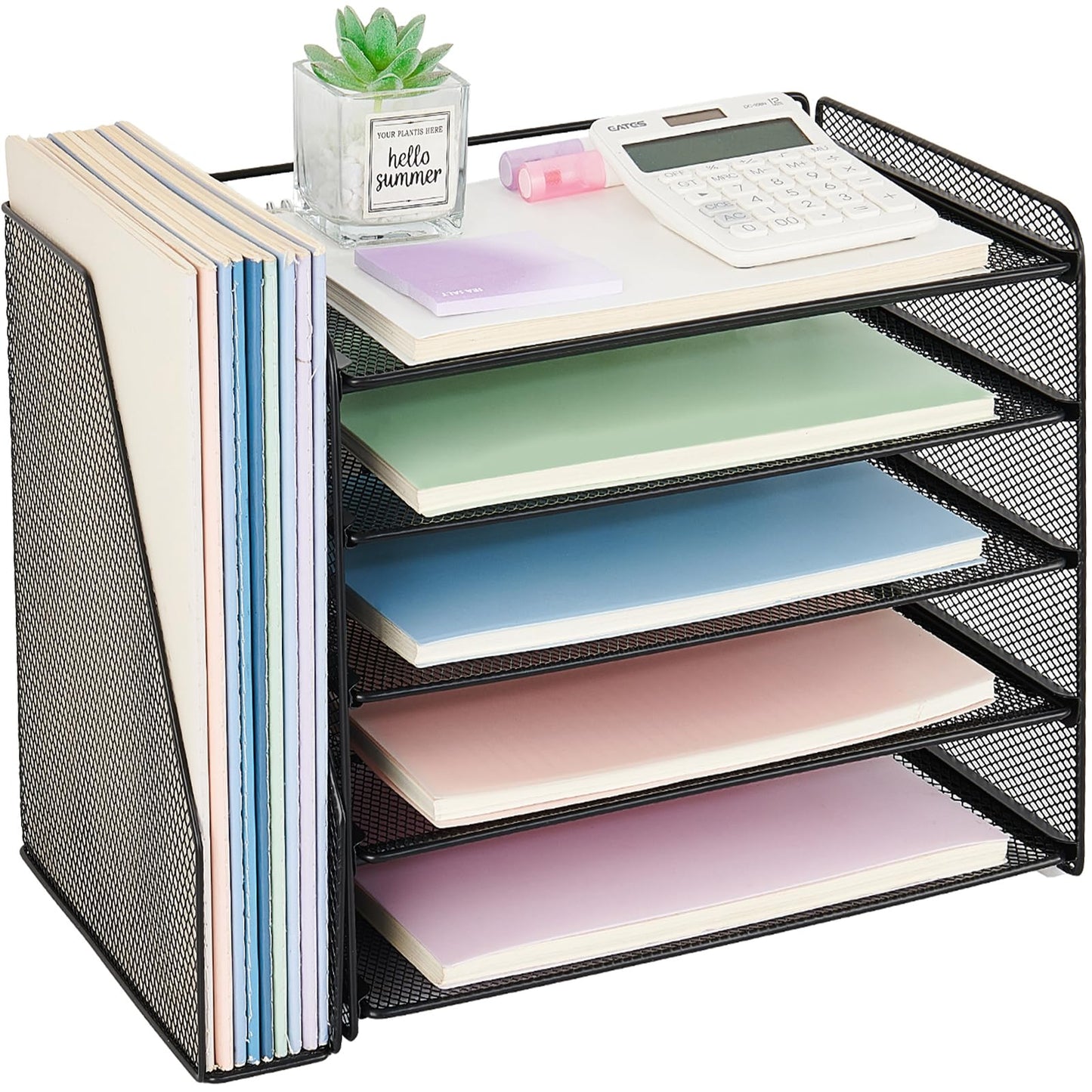 OPNICE Desk Organizer, 5-Tier Paper Organizer Letter Tray with Magazine Holder, Office Desk Accessories & Workspace Organizers, Desktop File Organizer for Office Supplies Storage, Black
