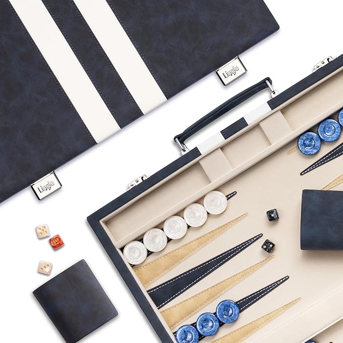 15inch Backgammon Sets for Adults Classic Board Game with Folding Leather Backgammon Case Faux Leather Exterior and Velvet Interior Portable Travel Game Set (Blue)