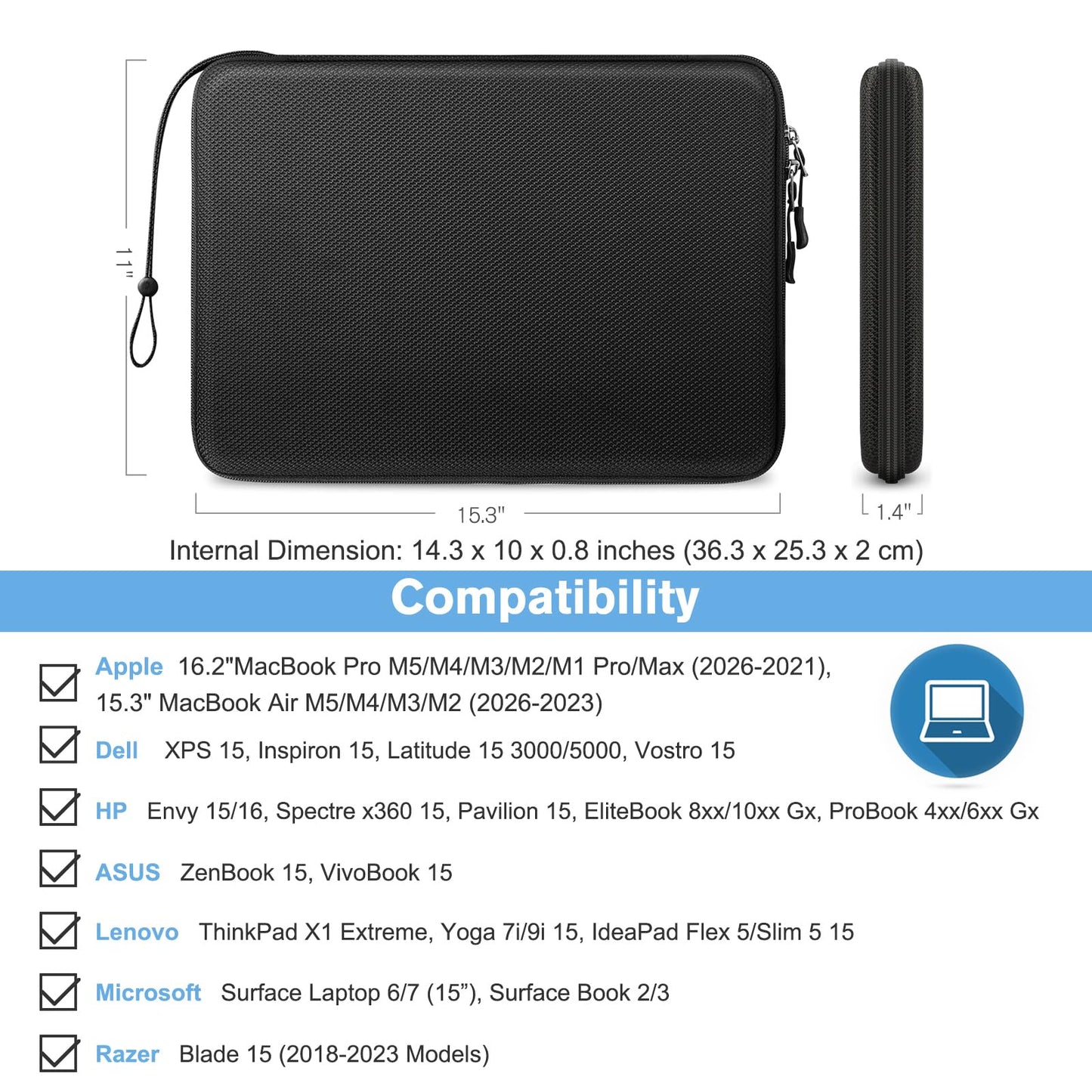 FINPAC Hard Laptop Sleeve Case for 15.3 inch MacBook Air M5/M4/M3/M2 (2026-2023) A3448 A3241 A3114, 16.2 inch MacBook Pro M5/M4/M3/M2 Pro/Max (2026-2021), Waterproof Case for Surface Laptop, Black