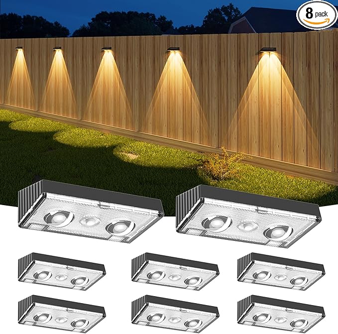 NIORSUN Solar Fence Lights,8 Pack Deck Light,Led Lights Warm White Outdoor Wall Lights,IP45 Solar Powered Light Waterproof for Backyard/Pool/Railing/Patio/Porch/Step/Outside/Garden (Black)