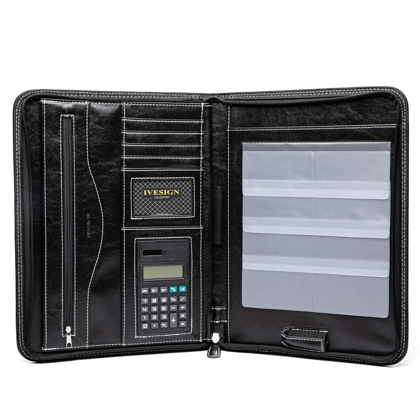 IVESIGN Faux Leather Portfolio Padfolio Organizer with Calculator, Writing Pad, Zipper Closure, Tablet Sleeve, Clipboard with Storage, Document Organizer, Business Card Holder, Note Pads-Black