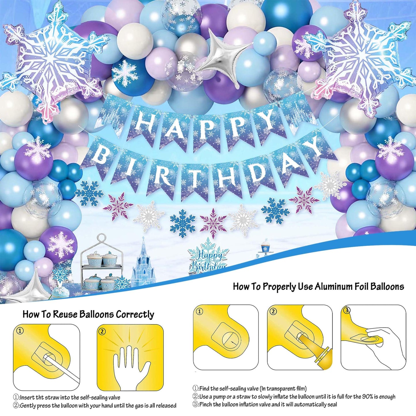 Frozen Birthday Decorations for Girls,Happy Birthday Banners,Blue Purple Balloon Arch Garland Kit,Party Decor Supplies,Foil Snowflake Balloons,Tablecloth