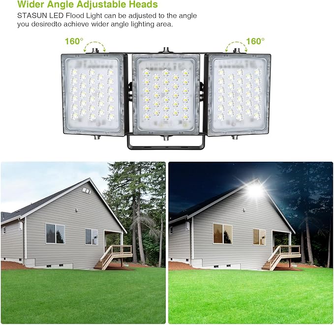 STASUN LED Flood Light Outdoor, 150W 13500lm Outdoor Lighting, 6000K Daylight White, IP66 Waterproof Outside Floodlight Exterior Security Light with 3 Adjustable Heads for Yard, Street, Parking Lot