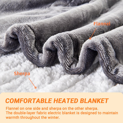 Electric Blanket Heated Throw, Soft Flannel Heating Blanket with 8 Hours Auto Off 10 Fast Heating Levels Machine Washable Sherpa Heated Blanket with Overheating Protection