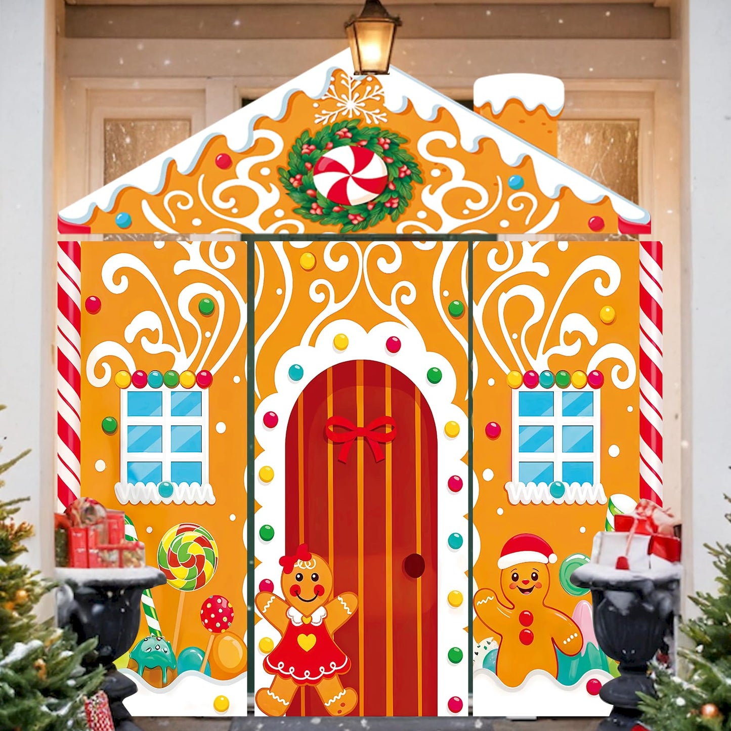 4Pcs Christmas Gingerbread Door Cover Decorations,Gingerbread House Candy Porch Banner Sign for Xmas Holiday Classroom Office Home Party Decor